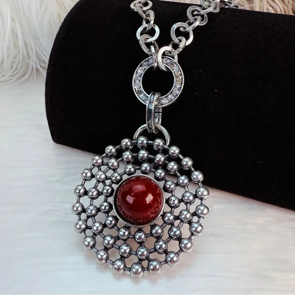 Vintage Aged Silvertone Weighted Red Pendant Necklace